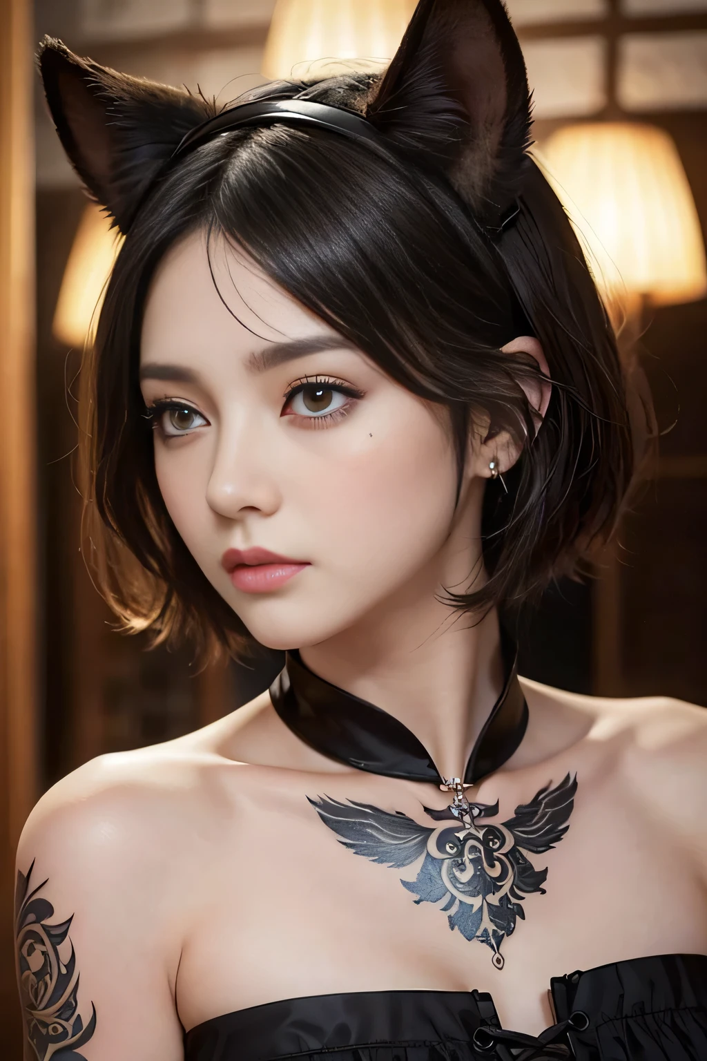 Highest quality、masterpiece、Delicate and beautiful face、Eye and facial details、Beautiful woman、Medieval European Background、Textured skin、Super Detail、Attention to detail、Black Hair、black eye、Animal ears、Kiva、Short Hair、Tattoo、Angry face