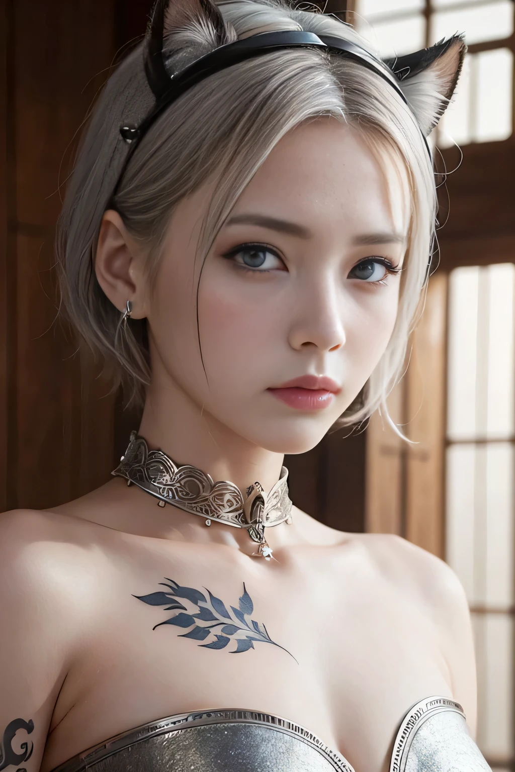 Highest quality、masterpiece、Delicate and beautiful face、Eye and facial details、Beautiful woman、Cosplay、Medieval European Background、Textured skin、Super Detail、Attention to detail、Silver Hair、black eye、Animal ears、Kiva、Short Hair、Tattoo、Angry face、Minimally revealing clothing