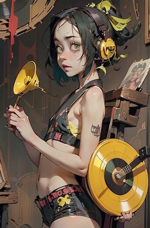 ((1 punk girl)),((Green and yellow British punk fashion:1.5)),(light black hair:1.5、Messy permed hair)Studded clothing、((Holding a record:1.5))、((He has a big speaker on his back))、（Narrow and small eyes）,Wacky makeup、Breast augmentation, (masterpiece), (High resolution), (Very delicate), nightmare, Doll-like face, Manga style, Horror elements, Comic style illustration, Japanese painting, phantom, (Spooky), Japan sculpture, crazy illustration, antique, dark atmosphere, Flat Illustration,Spooky Appearance, Unique atmosphere、music、live house、Headphones
