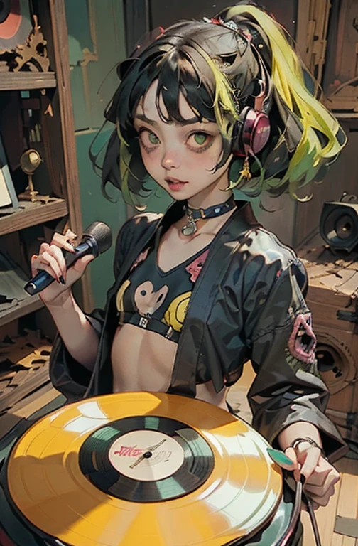 ((18-year-old punk girl)),((Green and yellow British punk fashion:1.5)),(light black hair:1.5、Messy permed hair)Studded clothing、((Holding a record:1.5))、((He has a big speaker on his back))、（Narrow and small eyes）,Wacky makeup、Breast augmentation, (masterpiece), (High resolution), (Very delicate), nightmare, Doll-like face, Manga style, Horror elements, Comic style illustration, Japanese painting, phantom, (Spooky), Japan sculpture, crazy illustration, antique, Dark atmosphere, Flat Illustration,Spookyな外観, Unique atmosphere、music、live house、Headphones
