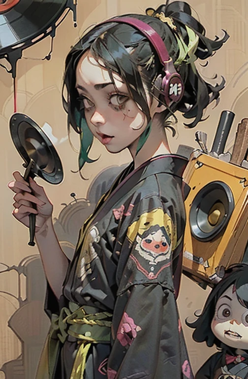 ((1 punk girl)),((Green and yellow British punk fashion:1.5)),(light black hair:1.5、Messy permed hair)Studded clothing、((Holding a record:1.5))、((He has a big speaker on his back))、（Narrow and small eyes）,Wacky makeup、Breast augmentation, (masterpiece), (High resolution), (Very delicate), nightmare, Doll-like face, Manga style, Horror elements, Comic style illustration, Japanese painting, phantom, (Spooky), Japan sculpture, crazy illustration, antique, dark atmosphere, Flat Illustration,Spooky Appearance, Unique atmosphere、music、live house、Headphones
