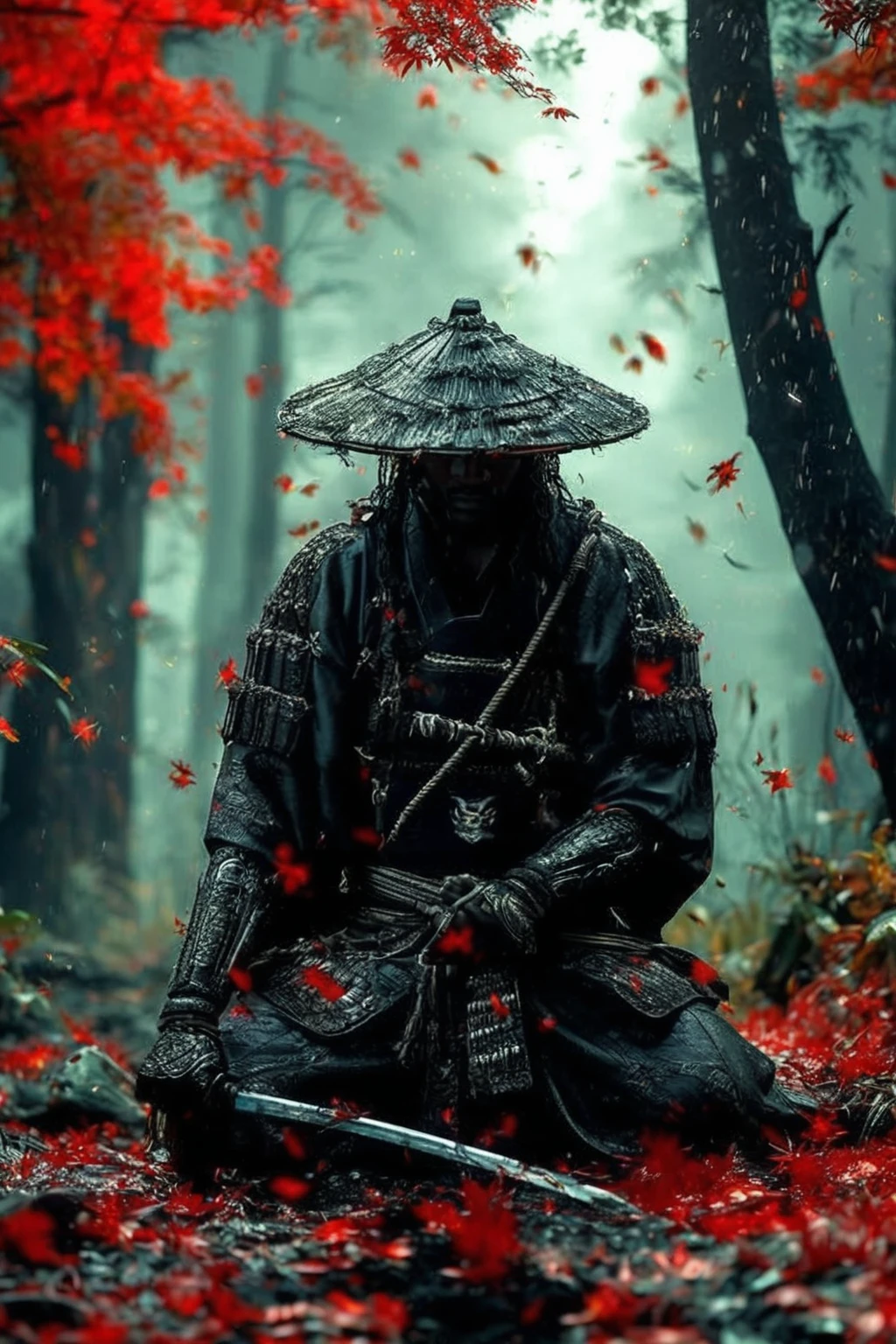 A black man samurai in a neon lit banana plantation, night time with a blue moon in the sky, with fireflies glowing in the scene providing a beautiful cinematic scene, 32k, ultra HD, unreal engine 5 rendered, photorealistic image 