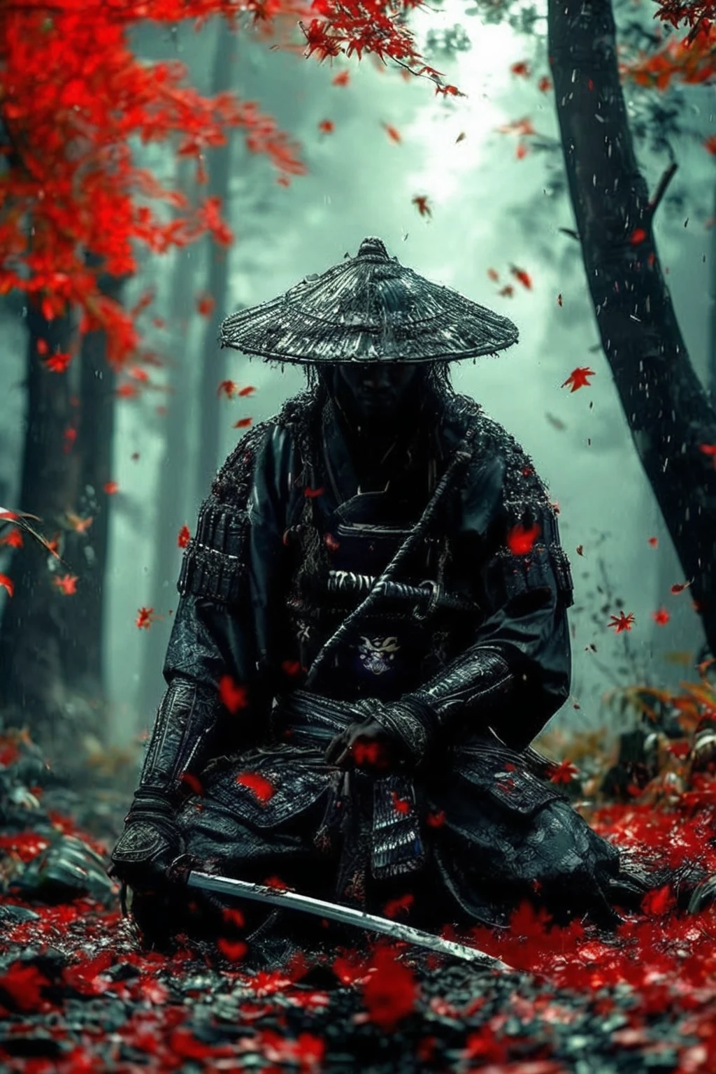 A black man samurai in a neon lit banana plantation, night time with a blue moon in the sky, with fireflies glowing in the scene providing a beautiful cinematic scene, 32k, ultra HD, unreal engine 5 rendered, photorealistic image 