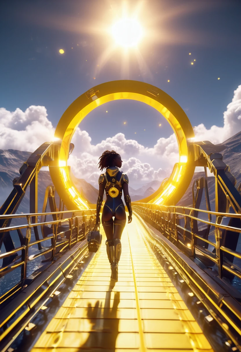 Black woman walking on a floating yellow wooden bridge in outer space, spherical portal in background connecting to the bridge, (((yellow sunshine in sky shining a light   providing a beautiful and vibrant glowing cinematic scene))), ultra HD, hyper-realistic images, 32k, masterpiece, (((trending on artstation))), octane 3d rendering, unreal engine rendered. Capture the imagery to give the viewer a breathtaking essence. Cinematic film still, shot on v-raptor XL, film grain, vignette, color graded, post-processed, cinematic lighting, 35mm film, live-action, best quality, atmospheric, a masterpiece, epic, stunning, dramatic