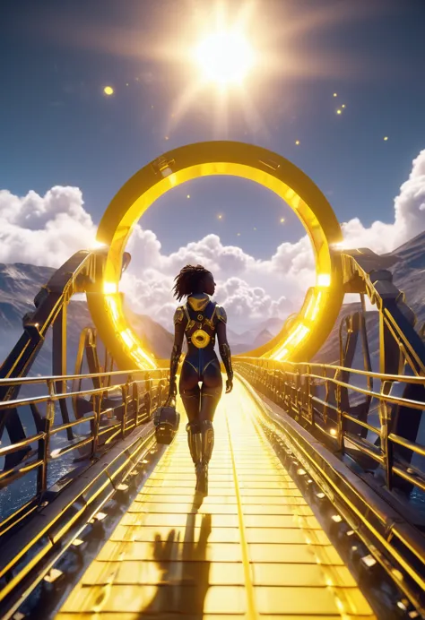 black woman walking on a floating yellow wooden bridge in outer space, spherical portal in background connecting to the bridge, ...