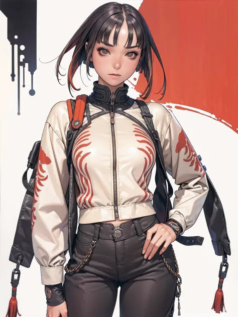 (best qualityer))), (((manga strokes))), (((black bob hair with straight bangs and red highlights))), (((baggy pants with bone p...