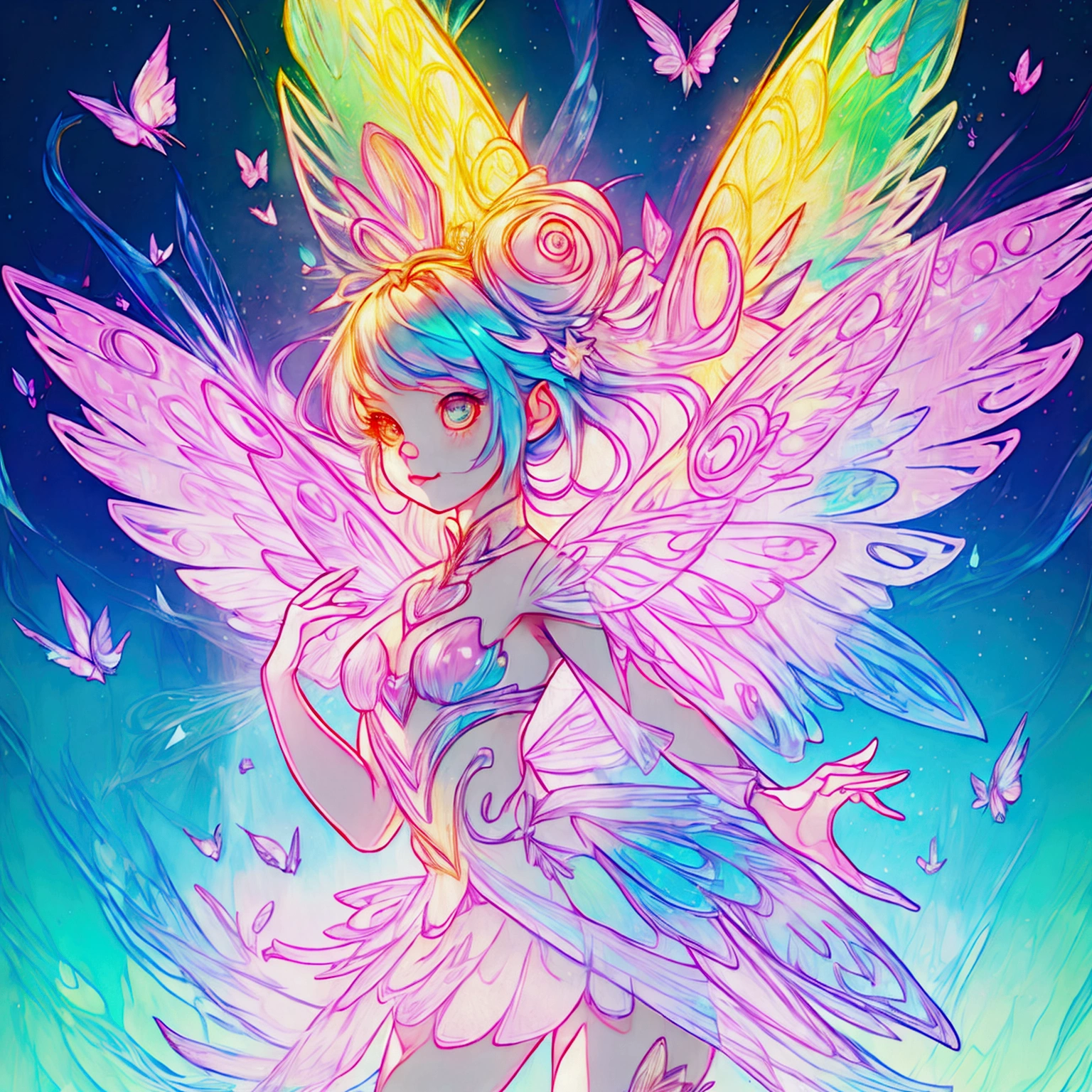 a cute female fairy with rainbow wings