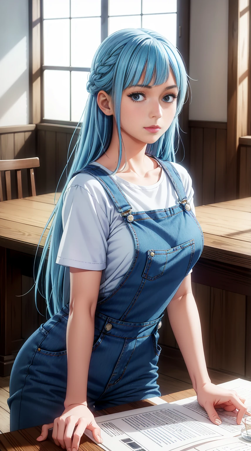 masterpiece, best quality, ultra-detailed, illustration,1girl,
long hair, blue hair, french braid, blue eyes,
shirt, (denim overalls:1.1),
medium breast,  
looking at viewer, kasumi miwa\(jujutsukaisen\)