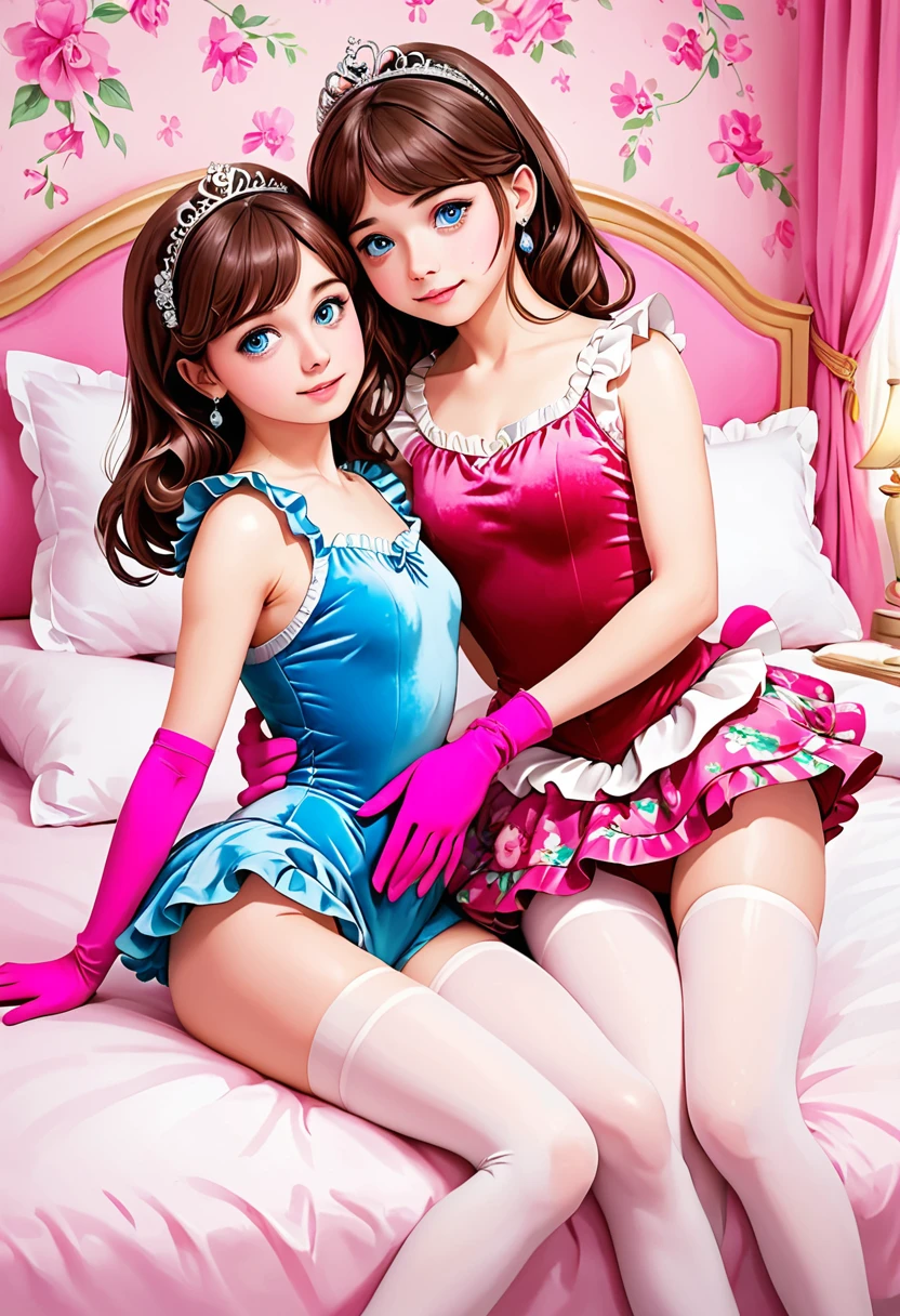 (1 man, 1 catgirl) (hetero, couple) (crossdressing, fully clothed) (brown hair, blue eyes) (portrait) (women's clothes only) (women's beautifully feminine skintight velvet floral print frilly girly pink adorable ballet leotards:1.4) (white pantyhose, no shoes) (tiaras, pink shoulder-length silk gloves:1.3) (woman's bedroom, four-poster bed) (lying down, hugging, bending knee) (intimacy, playfulness, closeness)