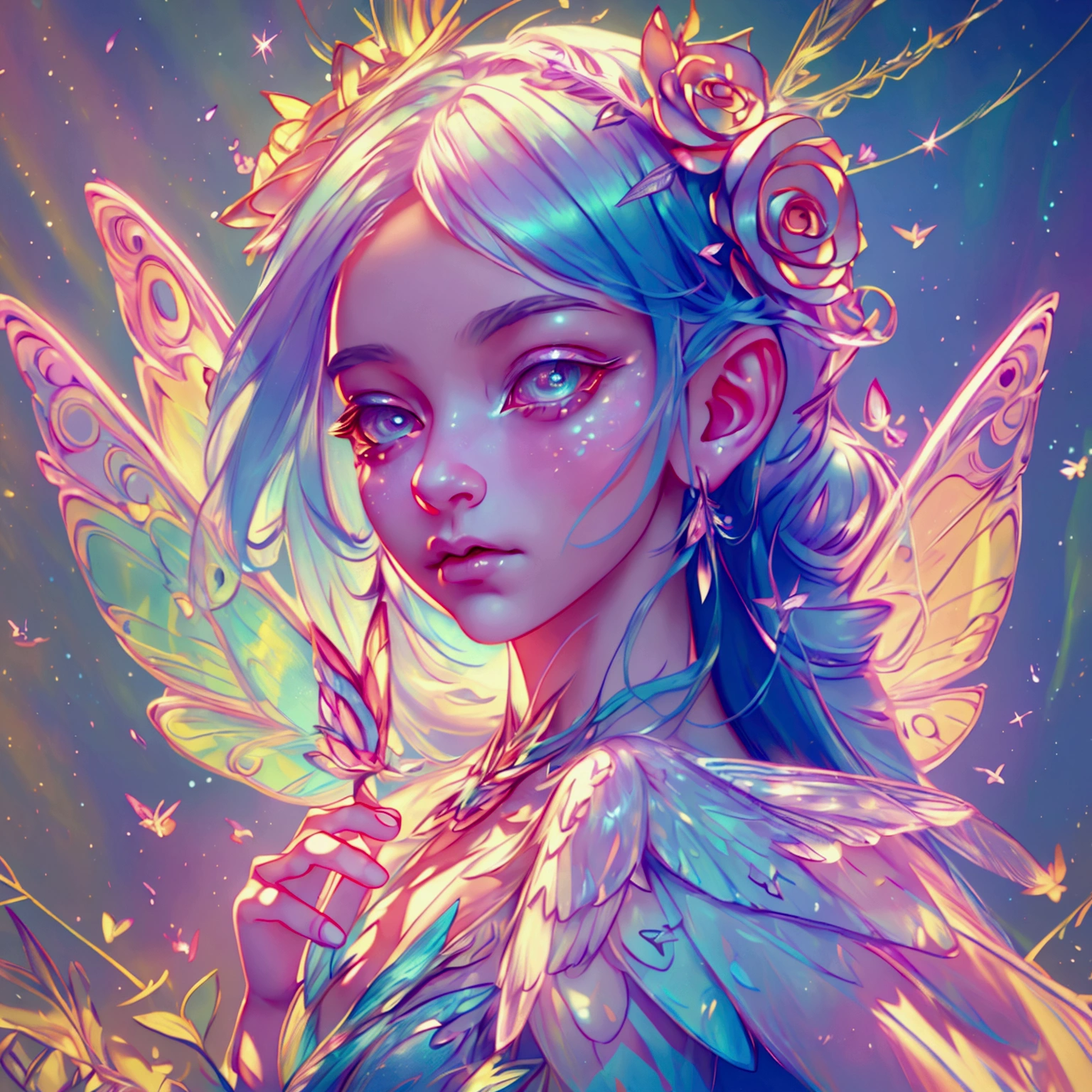 detailed fairy, 1 girl, fairy with rainbow wings, cute fairy, beautiful detailed face, beautiful detailed eyes, beautiful detailed mouth, long eyelashes, soft glowing skin, intricate colorful fairy wings, ethereal and magical, fantasy, (best quality,4k,8k,highres,masterpiece:1.2),ultra-detailed,(realistic,photorealistic,photo-realistic:1.37),vibrant colors, dreamy lighting, cinematic lighting, highly detailed, digital painting, concept art