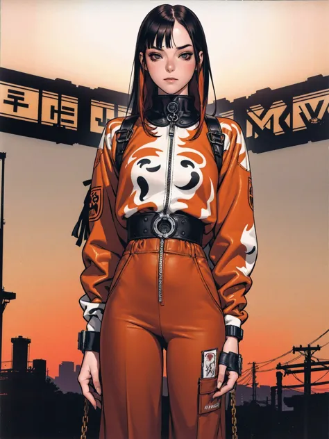 (best qualityer))), (((manga strokes))), (((black bob hair with straight bangs and red highlights))), (((baggy pants with bone p...