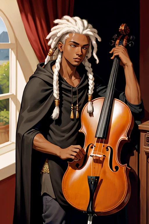 Musician. male. Young. Black. Dark skin. Cuerpo completo. Eyebags. Fantasy. Musico. Bookish. white hair. Scared. Young. Clean shaven. Tired. Cloak. Tired. Young adult. Dreadlocks. Black clotes. Sleepy, muscular. big muscles. Cello, instrumento, musica. Sexi. De pie. Rastas blancas