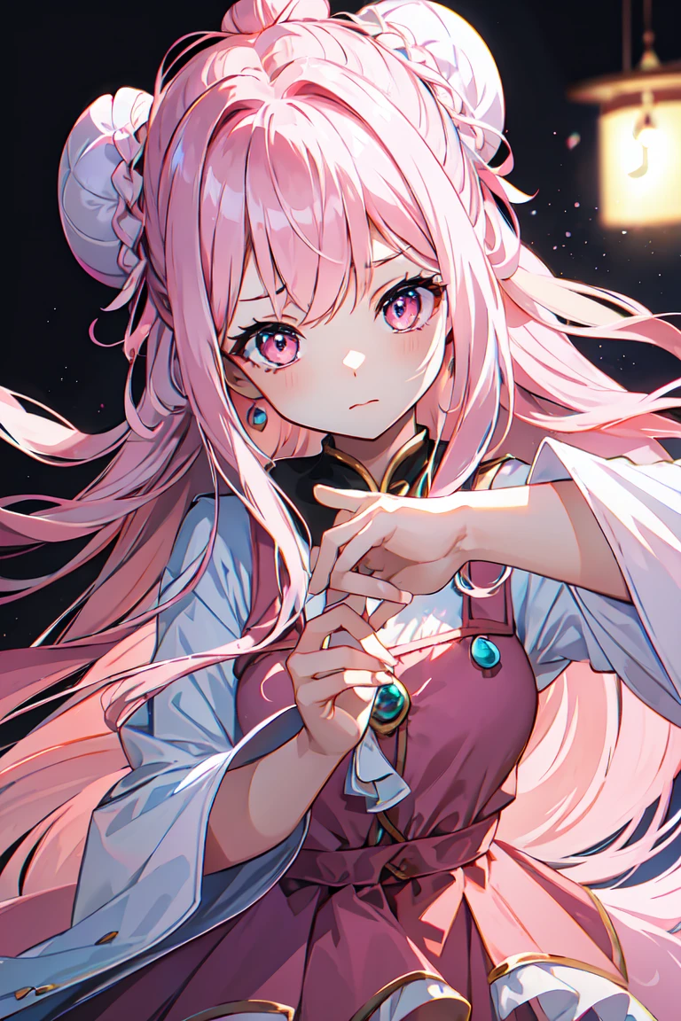 masterpiece、High resolution、high quality、delicate、ultra High resolution、8k、1 female、(Hair Ribbon:0.4), Pink Eyes,(((White bun hair))),(((Pink long hair)))、Dark lips、Blue dress、Perfect hands