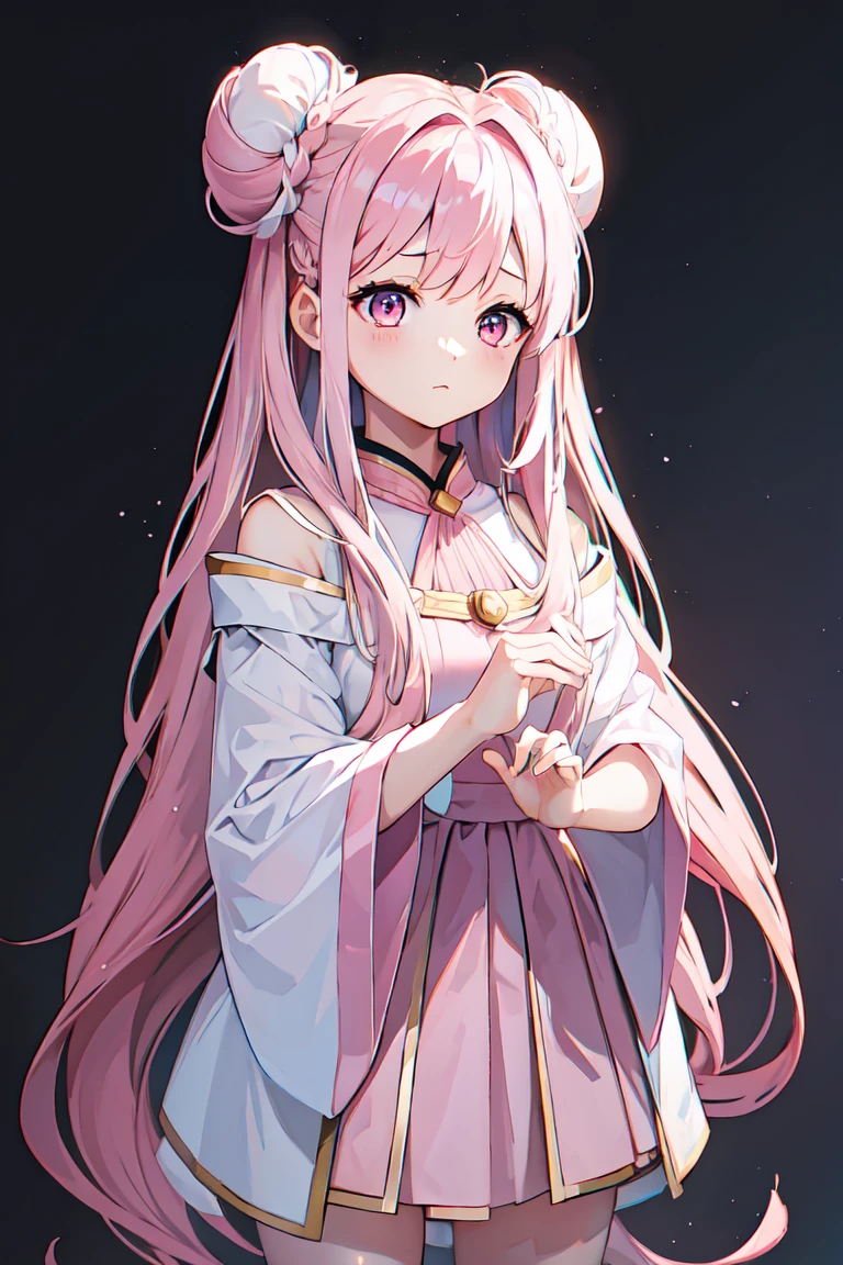 masterpiece、High resolution、high quality、delicate、ultra High resolution、8k、1 female、(Hair Ribbon:0.4), Pink Eyes,(((White bun hair))),(((Pink long hair)))、Dark lips、Blue dress、Perfect hands