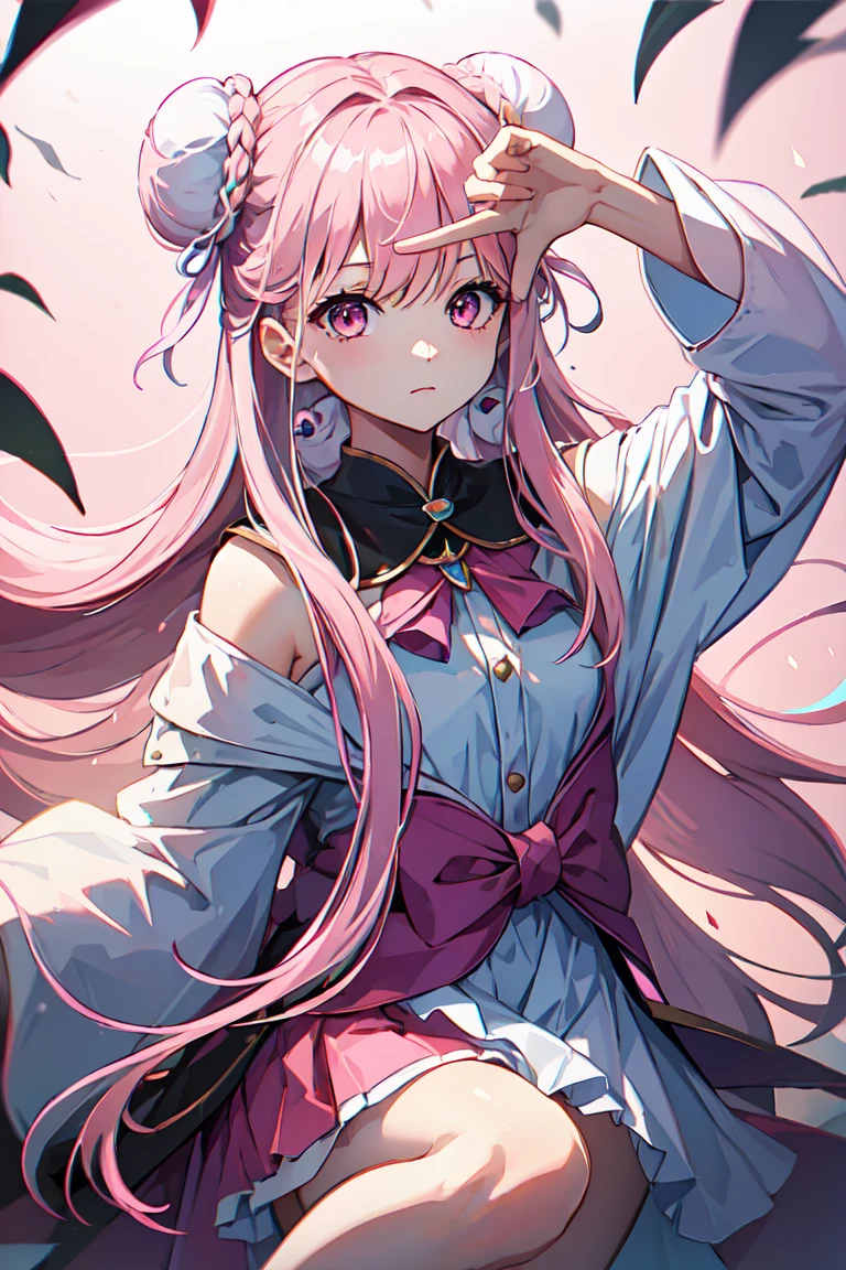 masterpiece、High resolution、high quality、delicate、ultra High resolution、8k、1 female、(Hair Ribbon:0.4), Pink Eyes,(((White bun hair))),(((Pink long hair)))、Dark lips、Blue dress、Perfect hands