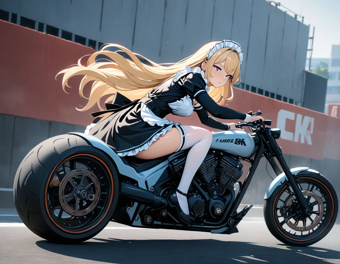 (((Best quality, 8k, Masterpiece: 1.3)), ((best quality)), ((masterpiece)), (detailed), perfect face, A maid girl with long blonde hair, Her thick hair flows, A maid costume with frills. , high resolution, Textured skin, anime style, A maid riding a motorcycle, a maid driving a motorcycle, A motorcycle racer leaning her body to take a corner, Knee-high stockings