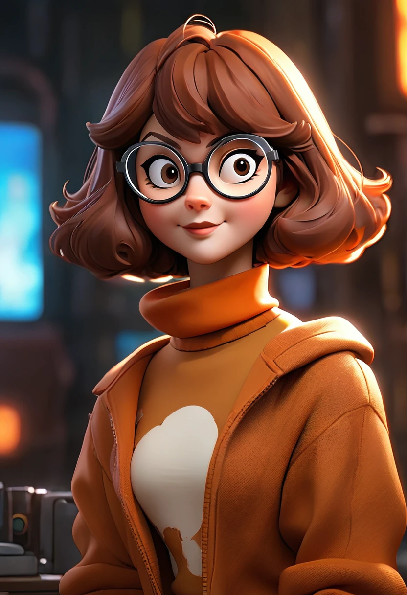 masterpiece,best quality, highly detailed, score_9, score_8_up, score_7_up, score_6_up,source anime,BREAK
 velma,1girl, glasses, solo, breasts, brown hair, turtleneck, sweater, brown eyes, short hair, freckles, ((large breasts)), lips, smile, turtleneck sweater, orange sweater, looking at viewer, bangs, parted lips, ((glowing cyberpunk goggles)), full body