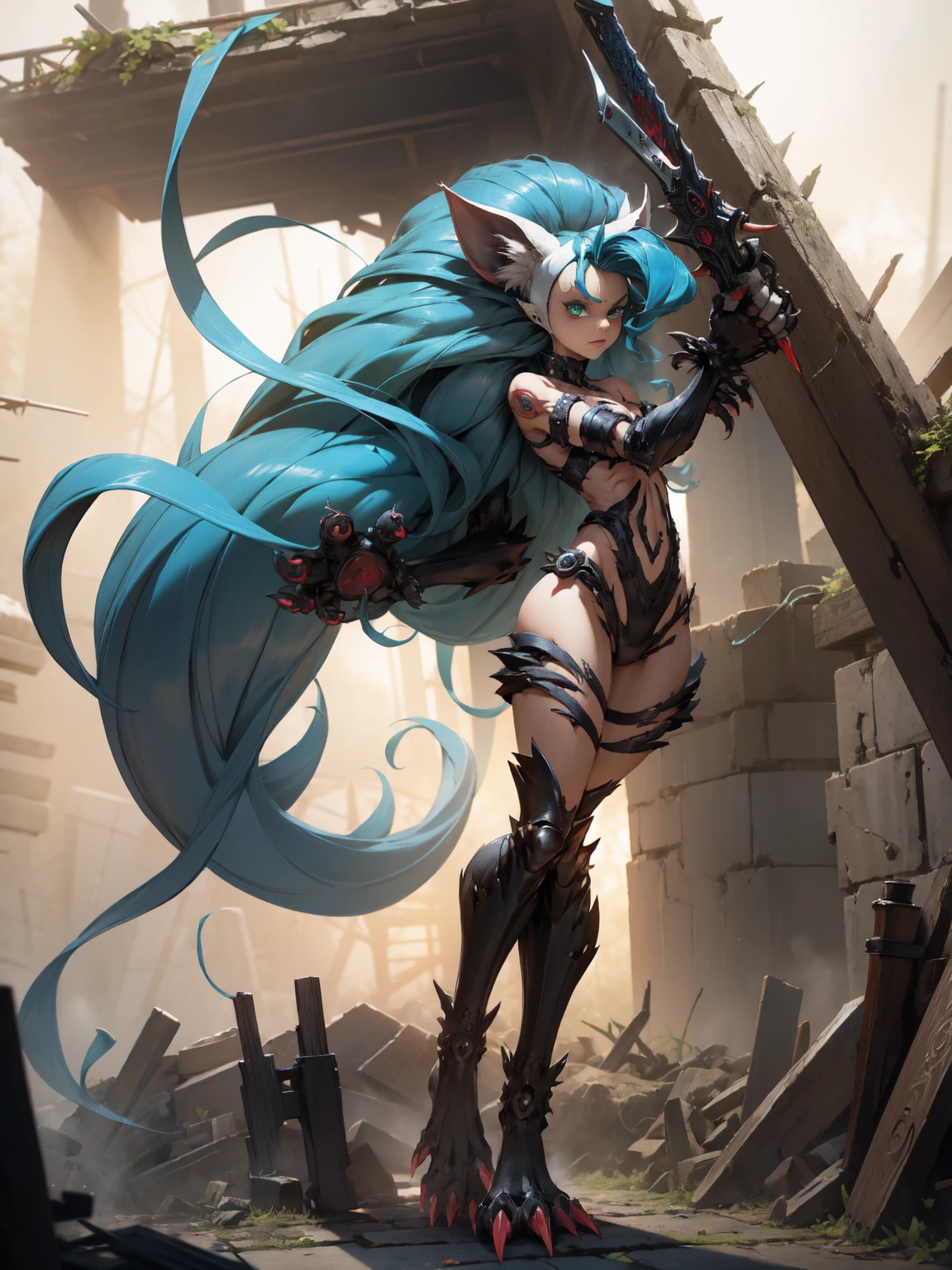 Felicia, Blue hair, Green eyes, cat tail, platinum Robot steampumk Girl Automaton, mecanismos sombrios, uma Arma Mangual Aberrante repousa, A nightmare creation ready for action. This mangrove weapon is a grotesque monstrosity, with twisted tentacles that form the extension of the weapon. Each tentacle ends in an eyelid with sharp, tusked teeth, projecting like lethal blades. The body of the weapon is adorned with manic eyes that are filled with stitched human arms and tentacles that writhe like serpents. Apesar de estar acorrentada, the Aberrant Mangual Weapon displays an expression of madness and extreme insanity, as if it were a living extension of the chaos that inhabits the dungeon. Seus olhos brilham com uma intensidade perturbadora. The surrounding environment is threatening, with damp stone walls and a silence that seems oppressive. The Mangual Aberrant Weapon is a cursed relic, A weapon that defies all notions of sanity and can unleash destruction at any time.