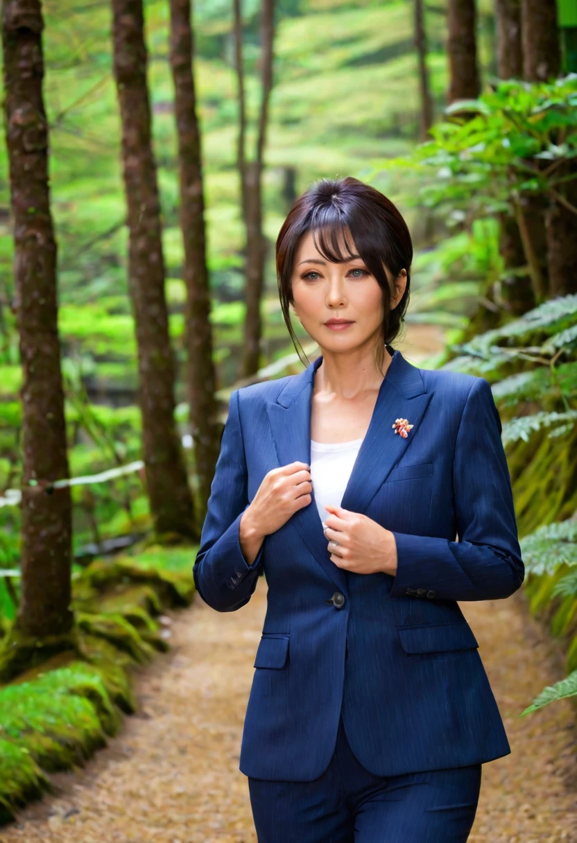 (Japanese MILF:3),black hair,(baby face:1.5), (big eyes:1.5),(double eyelid:2),(downturned eyes:2),（round face:1.5),raining,(a beautiful 50 years old Japanese MILF:2),in the forest, curvy figure, huge breastsembarrassed,(glamorous:2),(plump:3),(wearing a business suits:2),sweat glistening on her skin, (best quality,4k,8k,highres,masterpiece:1.2),ultra-detailed,(realistic,photorealistic,photo-realistic:1.37),cinematic lighting,dramatic shadows,warm color palette,intricate details