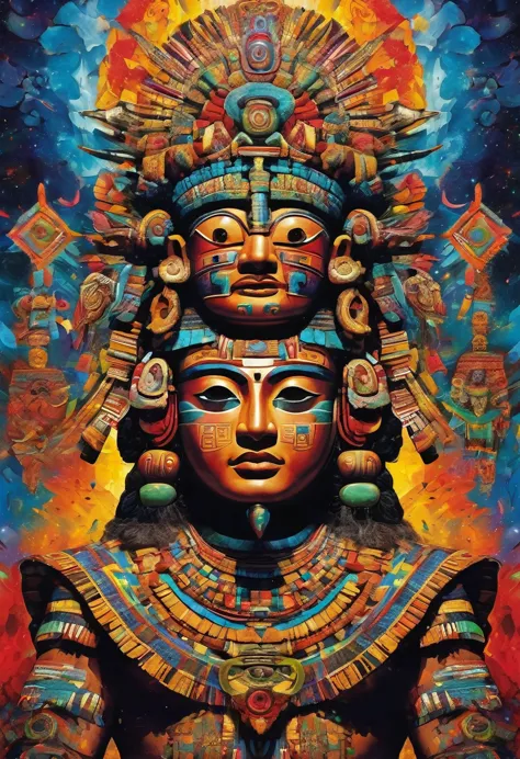 mayan explosive, supernatural painting of a shape-shifting deity, adorned with chaotic and omnipresent mayan motifs, piercing ey...