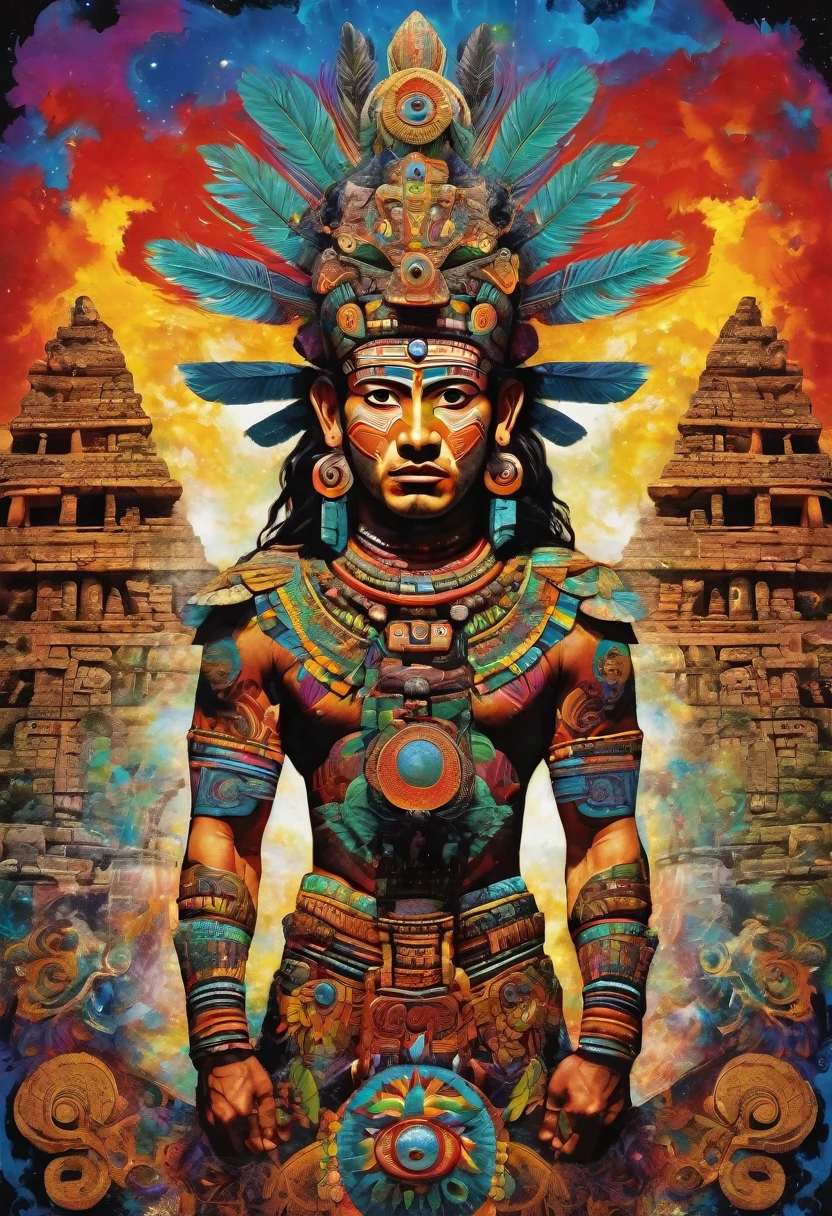 mayan explosive, supernatural painting of a shape-shifting deity, adorned with chaotic and omnipresent Mayan motifs, piercing eyes, a breathtaking amalgam of art and captivating photo collage, Mesmerizing poster design:: woody tone:: full body:: warrior man:: its appearance exuded the enigmatic allure of ancient Mayan minimalism fused with cosmic chaos:: --ar 9:16 --s 963 --c 9 --q 2 --v 5