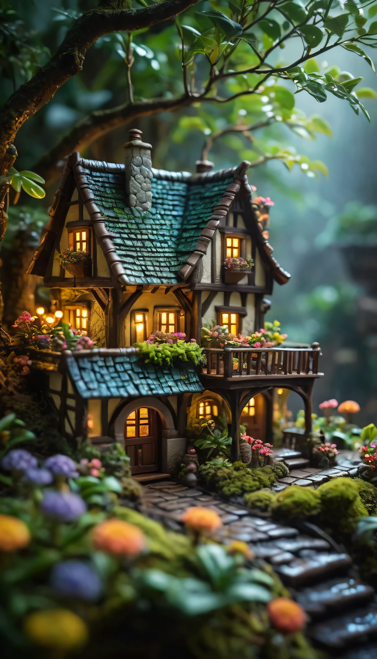 Uma cena em miniatura deslumbrante ambientada em uma floresta mágica, cidade medieval em miniatura, cloudy horário do dia,Dia chuvoso,horário do dia,O clima discreto é realçado pela iluminação suave, lançando um brilho quente sobre as delicadas flores coloridas e galhos suavemente iluminados. A profundidade de campo cria uma sensação de profundidade e atmosfera, com a iluminação cinematográfica brilhante destacando os detalhes intrincados da cena. O dia feliz, figura em miniatura sorridente acrescenta um toque de fantasia, enquanto a ampla vista da paisagem e o foco nítido mostram o design super complexo e a qualidade excepcional da imagem.