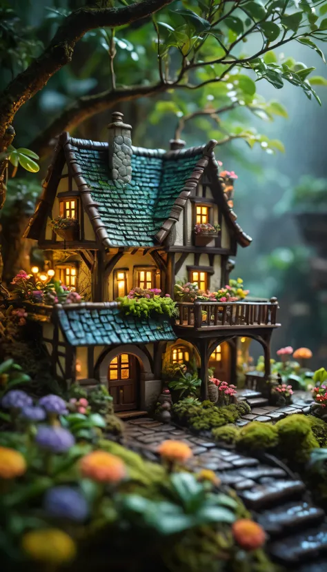A stunning miniature scene set in a magical rainforest, miniature medieval city, cloudy day time,rainy day,day time,The low-key mood is enhanced by the soft lighting, casting a warm glow over the delicate colorful flowers and softly lit branches. The depth of field creates a sense of depth and atmosphere, with the bright cinematic lighting highlighting the intricate details of the scene. The happy, smiling miniature figure adds a touch of whimsy, while the wide landscape view and sharp focus showcase the super complex design and outstanding quality of the image.