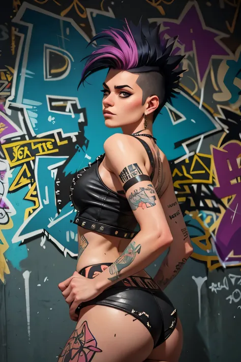 ((cartoon art)), ultra-detailed, ((side viewer, looking to spectator)), ((hot rocker punk girl, spiky black mohawk hair)) girl, ...