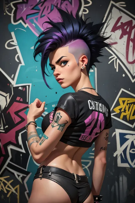 ((cartoon art)), ultra-detailed, ((side viewer, looking to spectator)), ((hot rocker punk girl, spiky black mohawk hair)) girl, ...