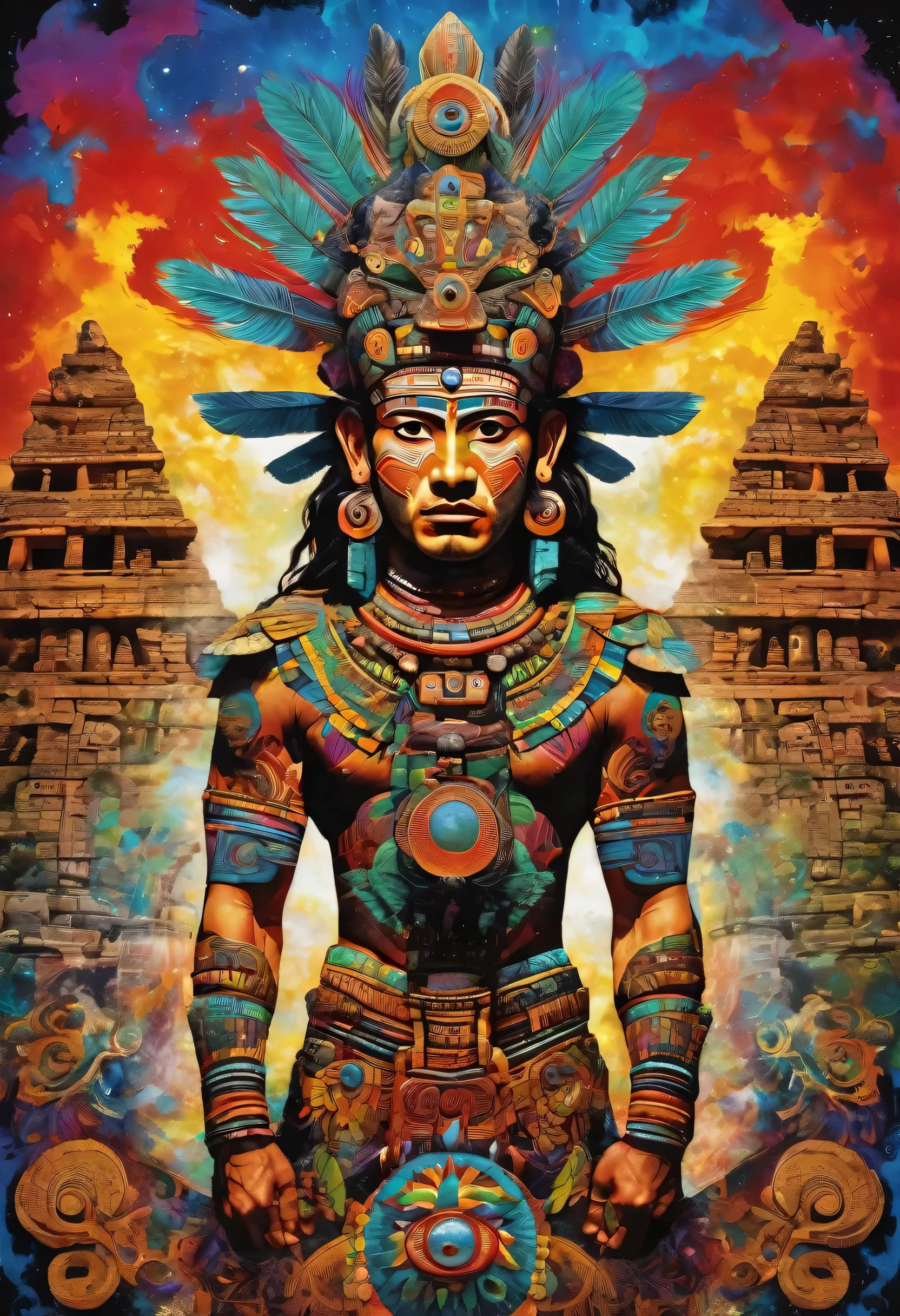 mayan explosive, supernatural painting of a shape-shifting deity, adorned with chaotic and omnipresent Mayan motifs, piercing eyes, a breathtaking amalgam of art and captivating photo collage, Mesmerizing poster design:: woody tone:: full body:: warrior man:: its appearance exuded the enigmatic allure of ancient Mayan minimalism fused with cosmic chaos:: --ar 9:16 --s 963 --c 9 --q 2 --v 5