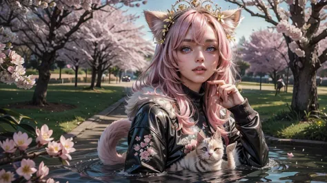 a small kitten with light pink fur and a furry tail wearing a tiara of golden flowers amidst cherry blossoms, lookig at camera, ...