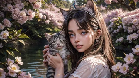 a small kitten with light pink fur and a furry tail wearing a tiara of golden flowers amidst cherry blossoms, lookig at camera, ...