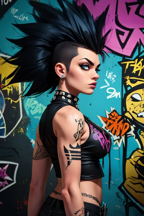 ((cartoon art)), ultra-detailed, ((side viewer, looking to spectator)), ((hot rocker punk girl, spiky black mohawk hair)) girl, ...