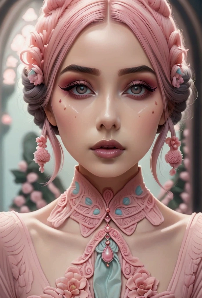 for a look based on the symmetrical aesthetic and pastel colors of Wes Anderson, Like in "The Grand Budapest Hotel", soft and vibrant tones will be used. The skin has a natural and luminous finish. The eyes are adorned with shadows in pastel tones, like pink, lavender and light blue, with a precise outline in black or dark brown. Eyebrows are well defined and natural. Lips are painted in coral or pink tones, with a slightly shiny finish.