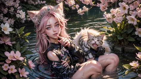 a small kitten with light pink fur and a furry tail wearing a tiara of golden flowers amidst cherry blossoms, lookig at camera, ...