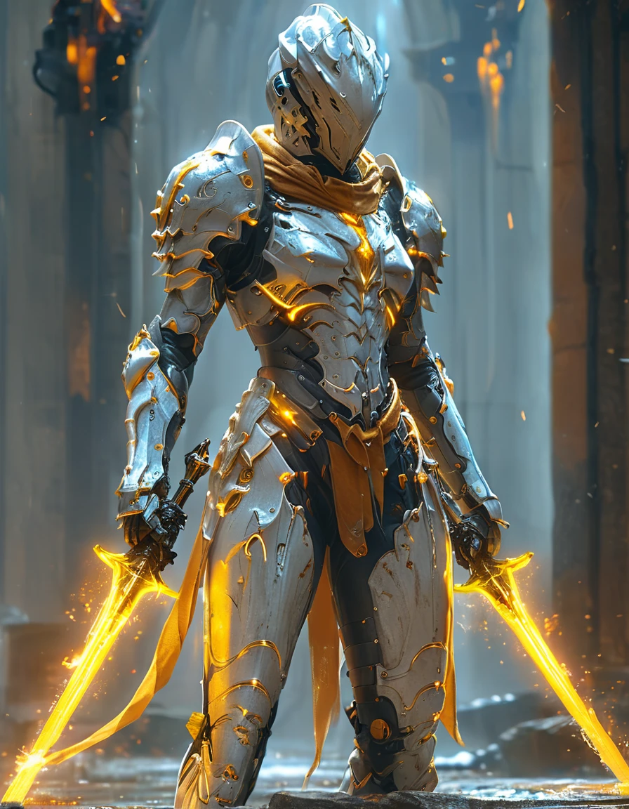 a person swinging a sword in a fight, city, (halo and warframe style armor), concept art by Yang J, trending on Artstation, fantasy art, from arknights, glowing amber lightning shield, style of raymond swanland, anime concept(Dragon Guard  ARM, GLOVES), (white, Amber color scheme), (MECHA CYBER  SHINY ARMORED SUIT, A PAIR MECHANICAL ARMOR:1.4), motion blur, ground destroyed