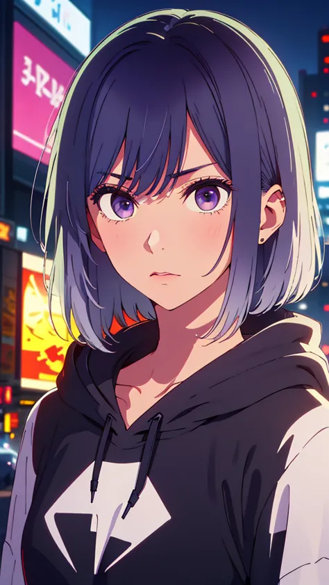 Man wearing a hoodie purple eyes white hair short hair cold stare ,cyberpunk neon detailed face