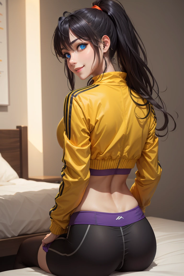 HimejimaAkeno, 1girl, closed mouth, smile, blush, black hair, long hair, purple eyes, ponytail, red ribbon,
BREAK (yellow jacket, open jacket, sports bra, bike shorts, midriff:1.2)
BREAK beautiful face,smiling,close up to hips, moderate breast, sitting on beds, (open mouth:0.4),portrait style,vivid colors,soft lighting, blushing, mature, ((hands behind back:1.5)),
BREAK (masterpiece:1.2), best quality, high resolution, unity 8k wallpaper, (illustration:0.8), (beautiful detailed eyes:1.6), extremely detailed face, perfect lighting, extremely detailed CG, (perfect hands, perfect anatomy),