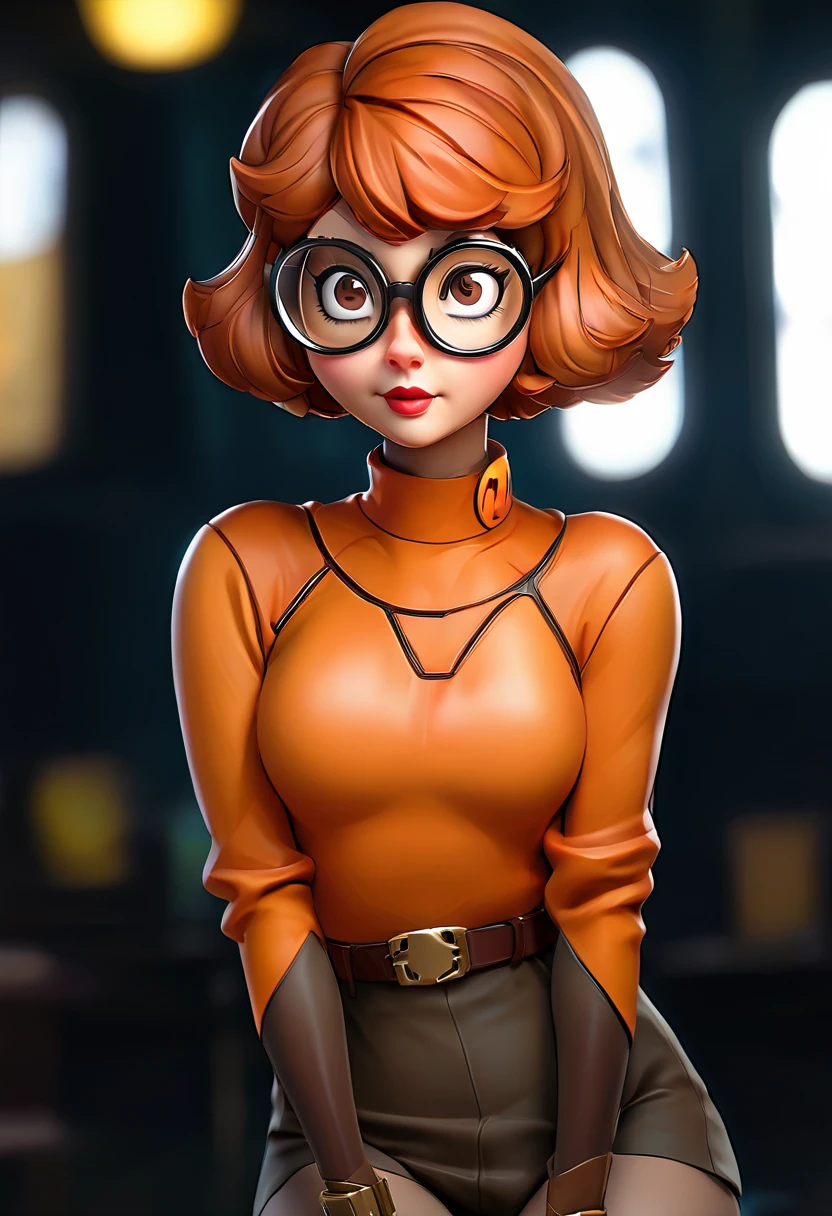 masterpiece,best quality, highly detailed, score_9, score_8_up, score_7_up, score_6_up,source anime,BREAK
 velma,1girl, glasses, solo, breasts, brown hair, latex black, brown eyes, short hair, freckles, (( huge large breasts)), lips, smile, turtleneck sweater, orange sweater, looking at viewer, bangs, parted lips, ((glowing cyberpunk goggles)), full body 