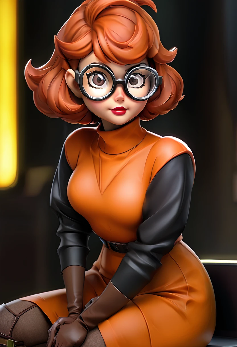 masterpiece,best quality, highly detailed, score_9, score_8_up, score_7_up, score_6_up,source anime,BREAK
 velma,1girl, glasses, solo, breasts, brown hair, latex black, brown eyes, short hair, freckles, (( huge large breasts)), lips, smile, turtleneck sweater, orange sweater, looking at viewer, bangs, parted lips, ((glowing cyberpunk goggles)), full body 