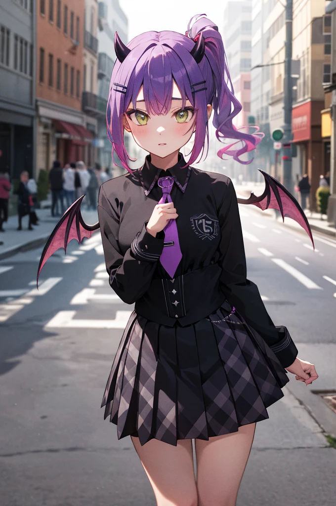 masterpiece, best quality, highres, eetowa, long hair, side ponytail, sidelocks, demon horns, hairclip, demon wings, demon tail, purple necktie, black shirt, collared shirt, long sleeves, black skirt, plaid skirt, standing, cowboy shot, street,