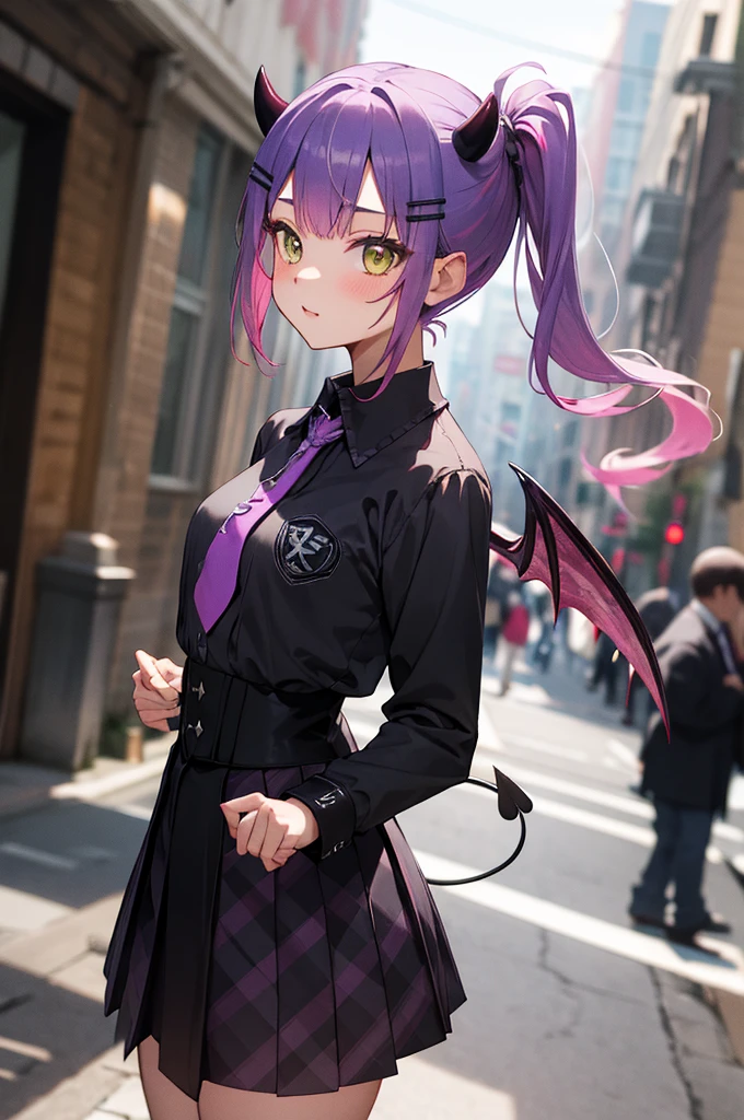 masterpiece, best quality, highres, eetowa, long hair, side ponytail, sidelocks, demon horns, hairclip, demon wings, demon tail, purple necktie, black shirt, collared shirt, long sleeves, black skirt, plaid skirt, standing, cowboy shot, street,