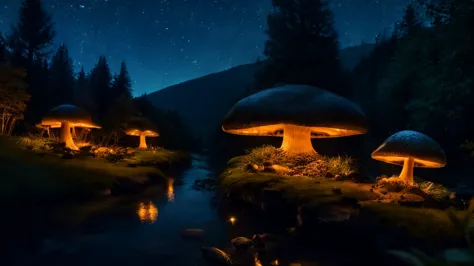 fairy valley little mushroom houses lit up with orange lights mushrooms fireflies and glowing fairies valley lit up with old lam...