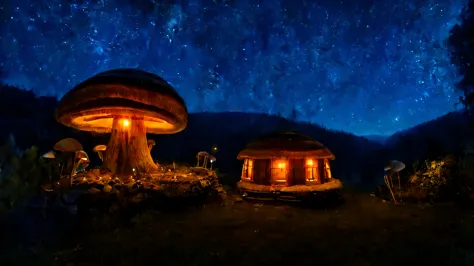 fairy valley little mushroom houses lit up with orange lights mushrooms fireflies and glowing fairies valley lit up with old lam...