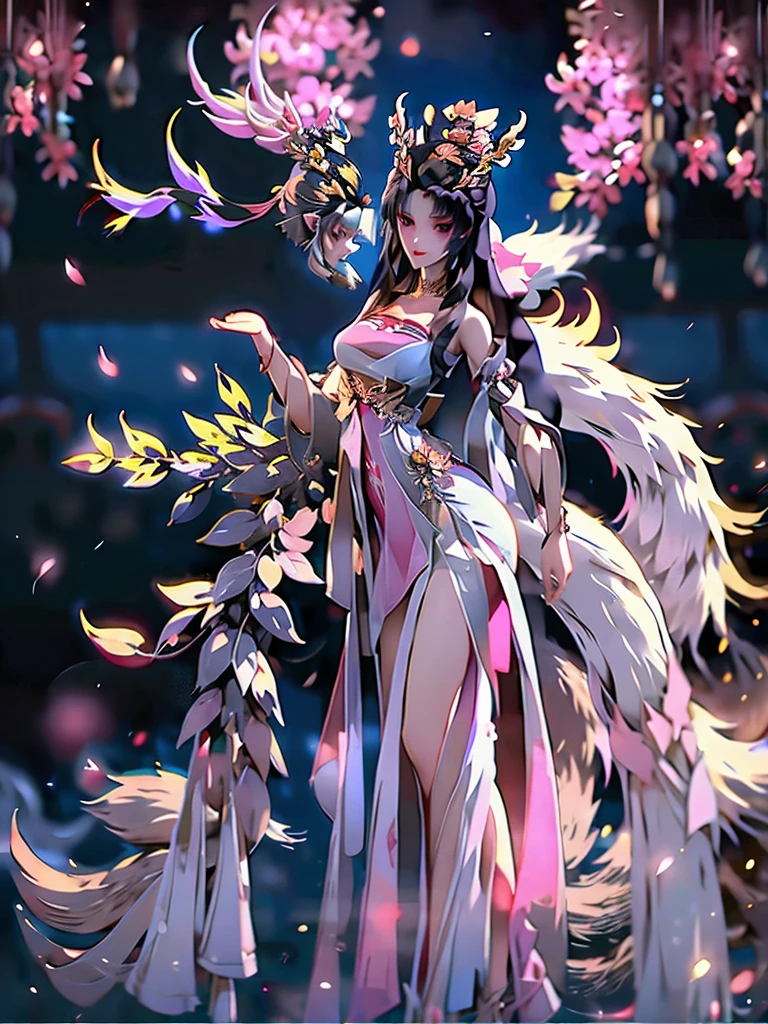 Chinese traditions，Chinese Mythology，Qingqiu Nine-tailed Fox Fairy，Gender female，Reversing the appearance of all living beings，Golden ratio figure，Waist-length black hair，There are nine fox tails on the butt，Wearing a pink tight fantasy dress