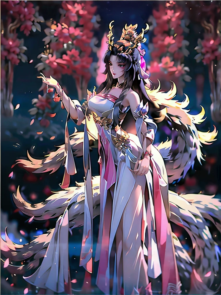 Chinese traditions，Chinese Mythology，Qingqiu Nine-tailed Fox Fairy，Gender female，Reversing the appearance of all living beings，Golden ratio figure，Waist-length black hair，There are nine fox tails on the butt，Wearing a pink tight fantasy dress