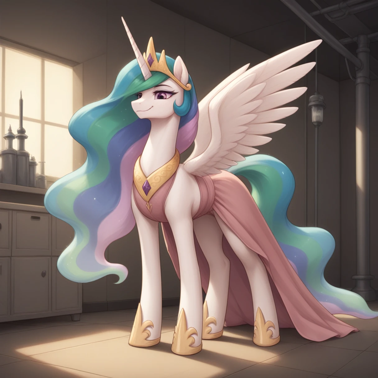 score_9, score_8_up, score_7_up, source_anime, solo, BREAK
princess celestia, feral pony, corrupted, pink lingerie, pink dress, standing, cruel smile, fallen to evil,
indoors, laboratory