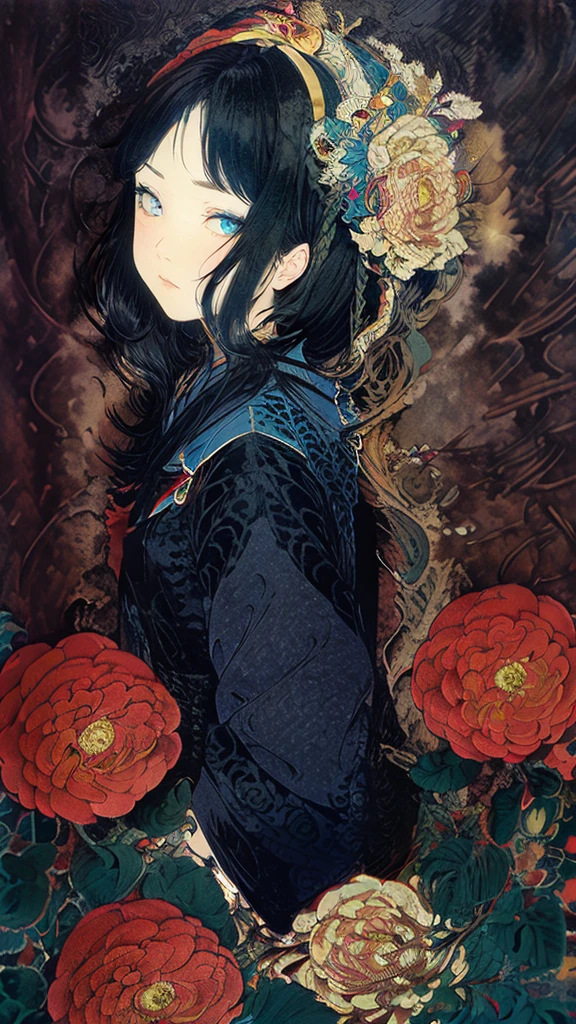 Highest quality、masterpiece、Ultra-high resolution、One Girl、Uno、Takato Yamamoto style、 Simple Background、Gold Foil Background、camellia、Black Hair、Hime cut、Japanese、solo、Upper Body、front、Shooting with a wide-angle lens、Close-up of face、