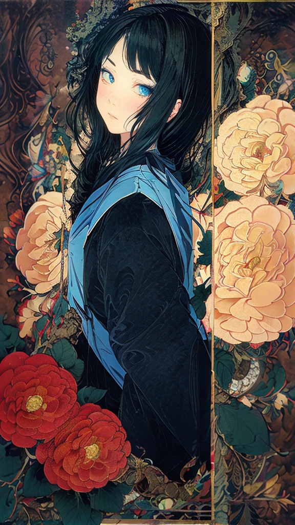 Highest quality、masterpiece、Ultra-high resolution、One Girl、Uno、Takato Yamamoto style、 Simple Background、Gold Foil Background、camellia、Black Hair、Hime cut、Japanese、solo、Upper Body、front、Shooting with a wide-angle lens、Close-up of face、