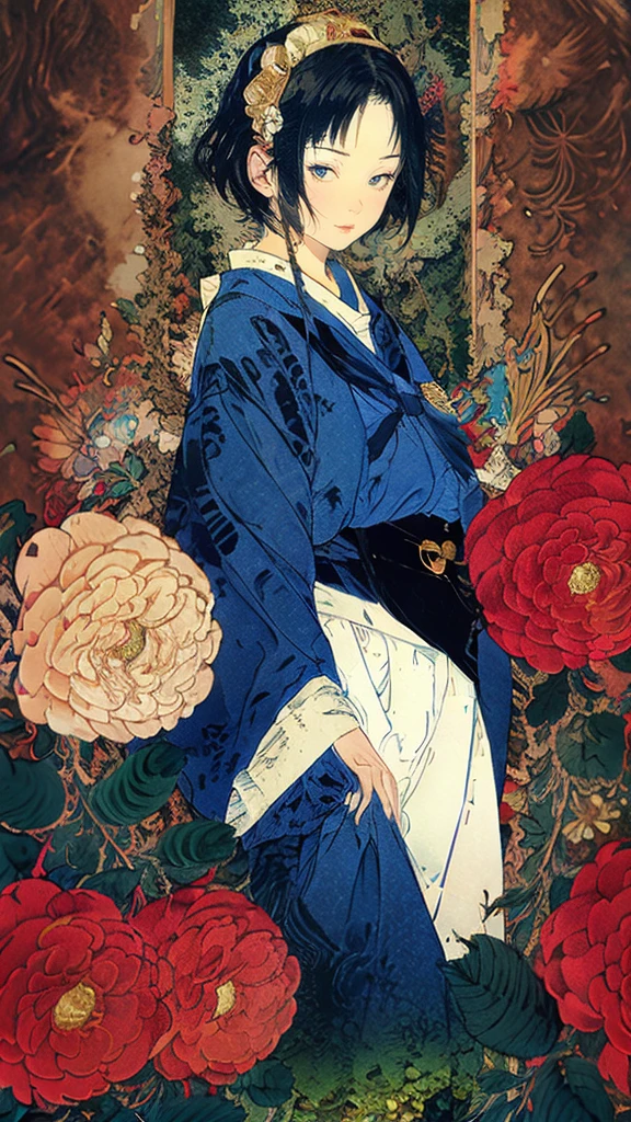 Highest quality、masterpiece、Ultra-high resolution、One Girl、Gazing at the audience、Uno、Takato Yamamoto style、 Simple Background、Sailor suit、Gold Foil Background、camellia、Black Hair、Hime cut、Japanese、solo、Upper Body、smile。